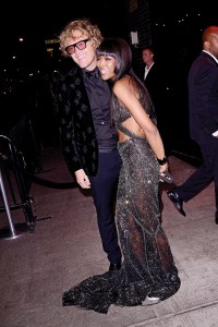 Naomi Campbell in Roberto Cavalli with Peter Dundas outside the Standard Hotel.