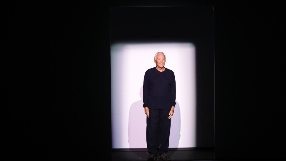 Giorgio Armani takes a bow after his Emporio Armani men's fall 2017 show