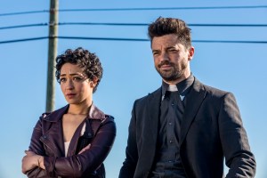 Dominic Cooper as Jesse Custer, Ruth Negga as Tulip O'Hare; group - Preacher _ Season 2, Episode 1 - Photo Credit: Skip Bolen/AMC
