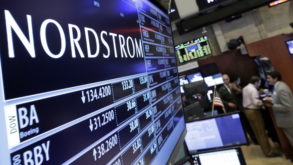 The Nordstrom logo is displayed above the post where it trades on the floor of the New York Stock Exchange, . Nordstrom slashed its annual projections and said a key measure of sales fell for the first time in almost seven yearsFinancial Markets Wall Street Nordstrom, New York, USA