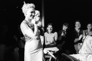 Outtake; Madonna on the runway of Jean Paul Gaultier's Ready-To-Wear Spring 1995 show in the Musée des Arts Forains in Paris on October 16, 1994..Article title: "Gaultier's Time Machine"