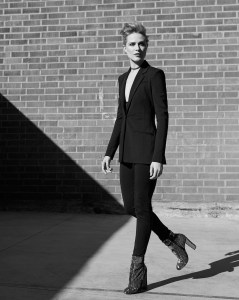 Evan Rachel Wood in Altuzarra’s black suit; Are You Am I’s lace bra. Boots: Christian Louboutin boots; Rona Pfeiffer chokers and ring.