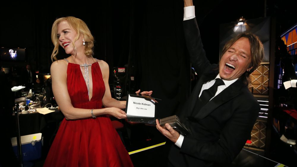 Nicole Kidman, Keith Urban. Nicole Kidman, winner of the award for outstanding lead actress in a limited series or a movie for "Big Little Lies" and Keith Urban backstage at the 69th Primetime Emmy Awards, at the Microsoft Theater in Los Angeles69th Primetime Emmy Awards - Red Carpet Stage, Los Angeles, USA - 17 Sep 2017