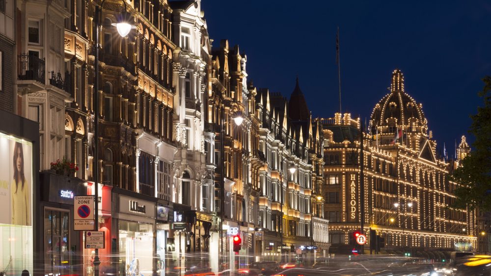 A night-time view of Harrods.