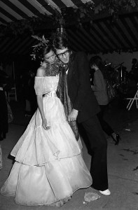 Bianca Jagger (L) and Yves Saint Laurent at Lou Lou de la Falaise's wedding reception at the Chalet des Iles in Bois du Bologne France.