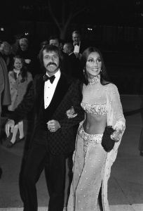Sonny Bono and Cher wearing a sheer two piece outfit arriving at the 45th annual Academy Awards in Los Angeles1973 Academy Awards, Los Angeles