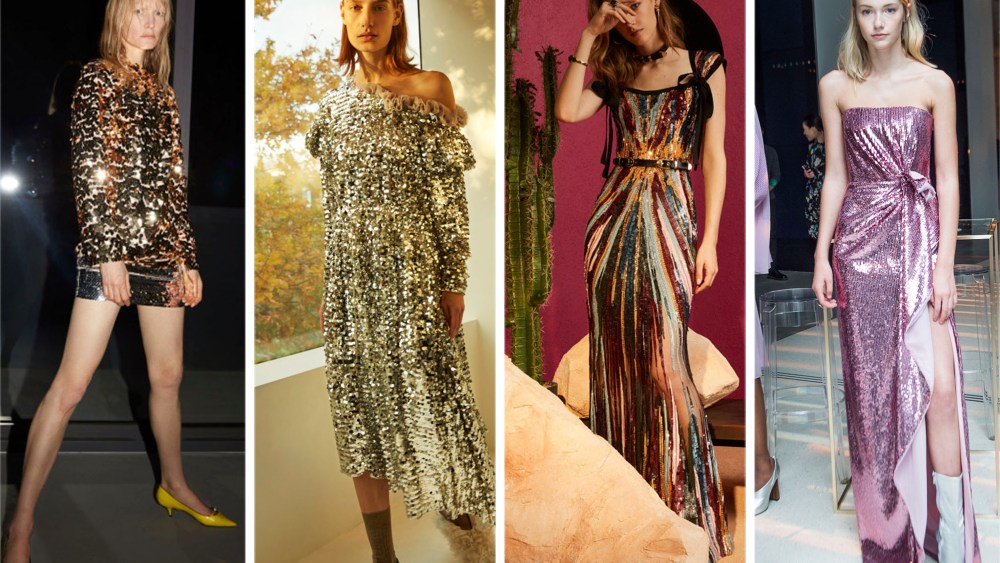Positioned for evening, this seasonÕs sequined outfits also skewed younger. Preen by Thornton Bregazzi cut a loose gown worn slightly off-shoulder with an asymmetrical hem, while Alessandro DellÕAcqua at No. 21 proposed a long-sleeved top and miniskirt for a night out.Pictured: N21, Preen, Elie Saab, and Prabal Gurung
