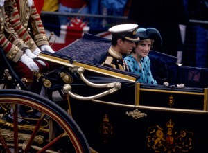 Prince Charles (wearing his uniform) and Princess Diana departing Buckingham Palace for the wedding of Prince Andrew and Sarah Ferguson.