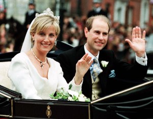 Prince Edward and his bride Sophie Rhys-Jones during a carriage ride through the streets of Windsor, England, after their wedding ceremony at St. George's Chapel, Windsor Castle.