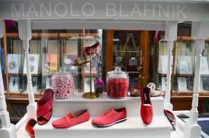 Shoe display at Manolo Blahnik's mens store opening in Burlington Arcade