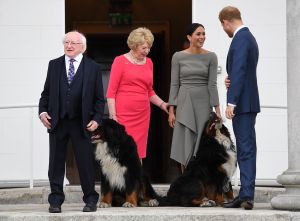 Prince Harry accompanied by his wife Meghan Duchess of Sussex, visit Dublin on day two of their tour of the country. The Duke and Duchess meet with the President Michael Higgins and his wife Sabina Coyne at Aras an Uachtarain