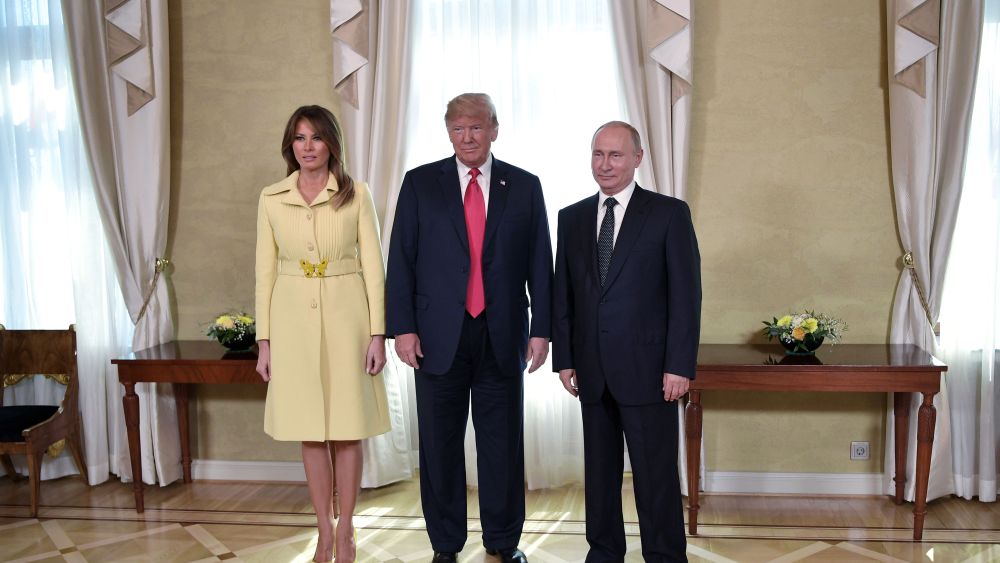 MANDATORY CREDITMandatory Credit: Photo by ALEXEY NIKOLSKY/SPUTNIK/KREMLIN/POOL/EPA-EFE/REX/Shutterstock (9762760p)Vladimir Putin, Donald J. Trump and Melania TrumpRussia US Summit in Helsinki, Finland - 16 Jul 2018Russian President Vladimir Putin (R), US President Donald J. Trump (C) and US First Lady Melania Trump (L) during their meeting at the Presidential Palace in Helsinki, Finland, 16 July 2018.