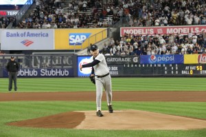 Ralph Lauren throws the opening pitch of the New York Yankees vs Boston Red Sox game in celebration of Ralph Lauren 50th anniversary.