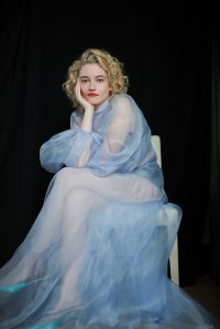 Julia Garner in Beaufille’s silk dress over Araks’ cotton bra and panties. Area shoes.