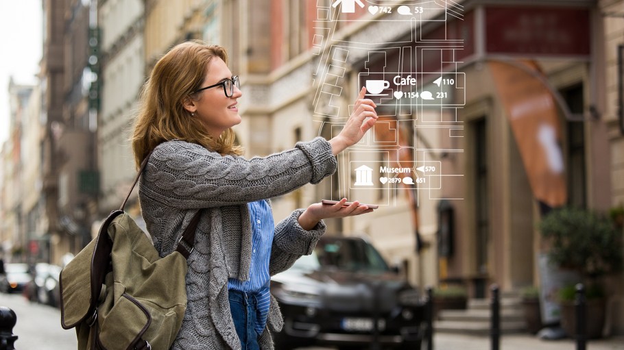 Woman traveler with phone.