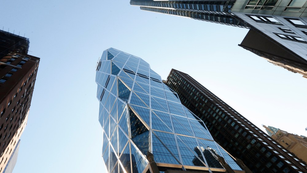 The Hearst Tower, center, is shown in New York, as firefighters rescued two maintenance workers whose scaffolding collapsed from the top of the buildingCORRECTION Scaffold Workers Rescue, New York, USA