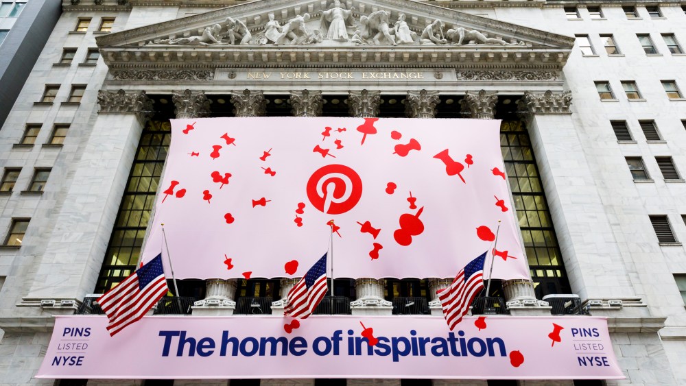 Signage on the front of the New York Stock Exchange for the initial public offering of the social media company Pinterest in New York, New York, USA, 18 April 2019.Pinterest IPO at New York Stock Exchange, USA - 18 Apr 2019