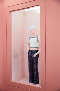 In the 20th century, the sailor emerged as a figure of camp queerdom and homoerotic desire. Jean Paul Gaultier’s white and navy silk jersey with pants embroidered with blue paillettes. 