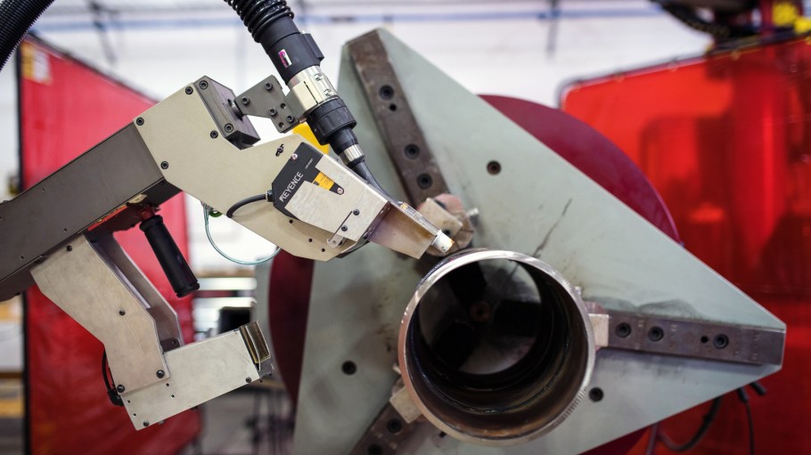 The robotic welding head and rotating assembly of a Novarc Technologies Inc. spool welding robot are seen at the company's facility in Vancouver, British Columbia, Canada, on Wednesday, Aug. 15, 2018.