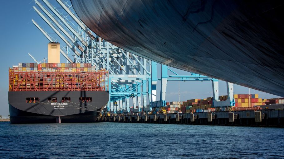 The largest container ship to ever call in the United States, the Mediterranean Shipping Company's Eloane makes berth at the Port of Los Angeles.