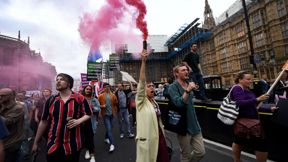 Protesters outside the Houses of Parliament demonstrating against PM Boris Johnson and a no-deal Brexit, on the evening of a crucial Brexit vote.Brexit Vote at Westminster, London, UK - 03 Sep 2019