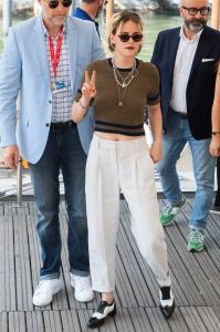 Kristen Stewart gestures to photographers upon arrival for the photo call of the film 'Seberg' at the 76th edition of the Venice Film Festival in Venice, ItalyFilm Festival 2019 Seberg Arrival, Venice, Italy - 30 Aug 2019