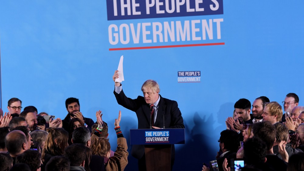 Prime Minister Boris Johnson delivers a victory speech to Tory party members, workers and activists, after winning the 2019 General Election at the Queen Elizabeth II Centre, London.General Election, Conservative Party Campaign Event, London, UK - 13 Dec 2019