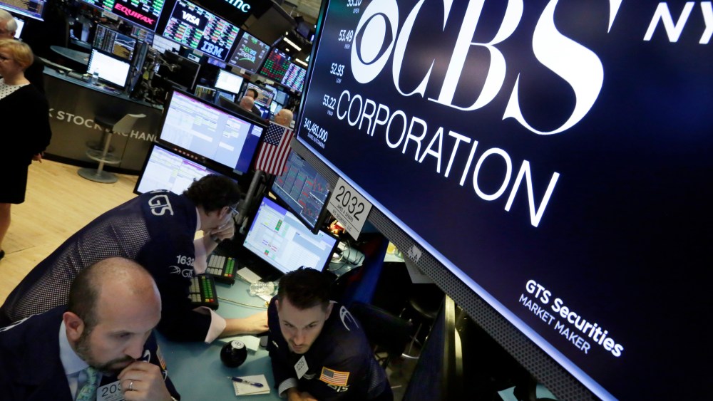 The logo for CBS appears above a trading post on the floor of the New York Stock Exchange, . CBS is suing its controlling shareholder as part of its long-running attempt to avoid a combination with ViacomCBS National Amusements Lawsuit, New York, USA - 17 May 2018
