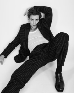 MSGM’s cotton suit and Burberry cotton top. Versace shoes.