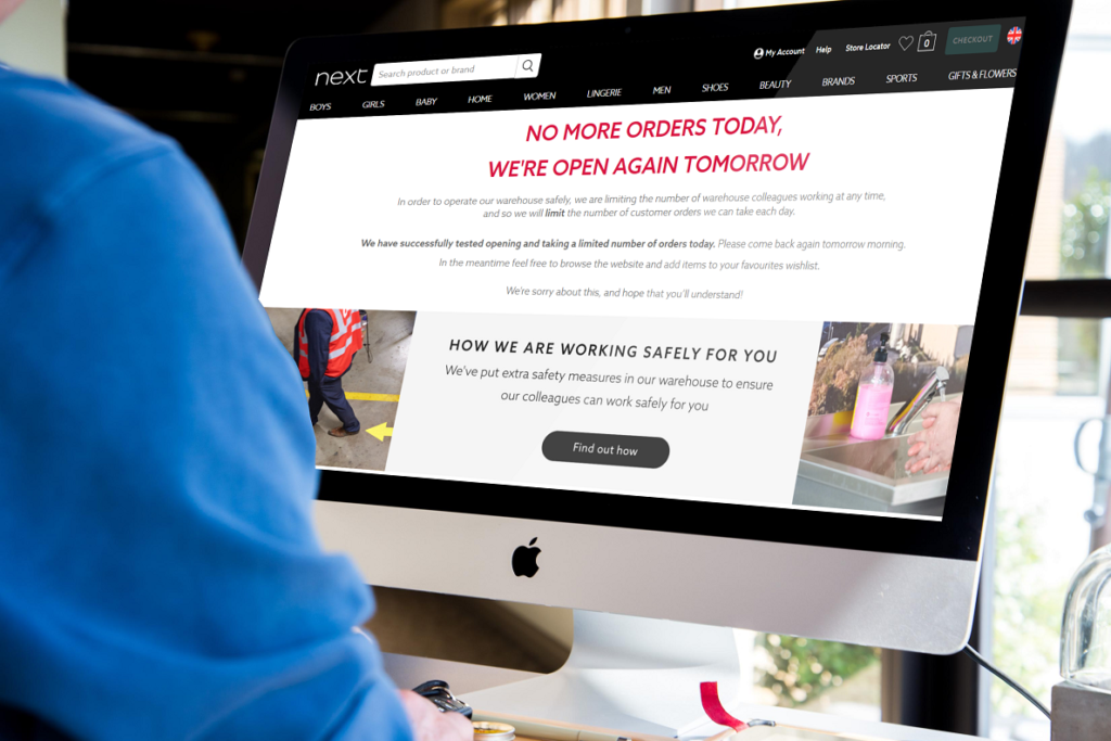 After reopening online for 90 minutes, British apparel retailer Next closed its website again upon reaching its self-imposed order limit.