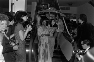 Designer Brenda Evans with models in her swimwear collection for Spring 1977.