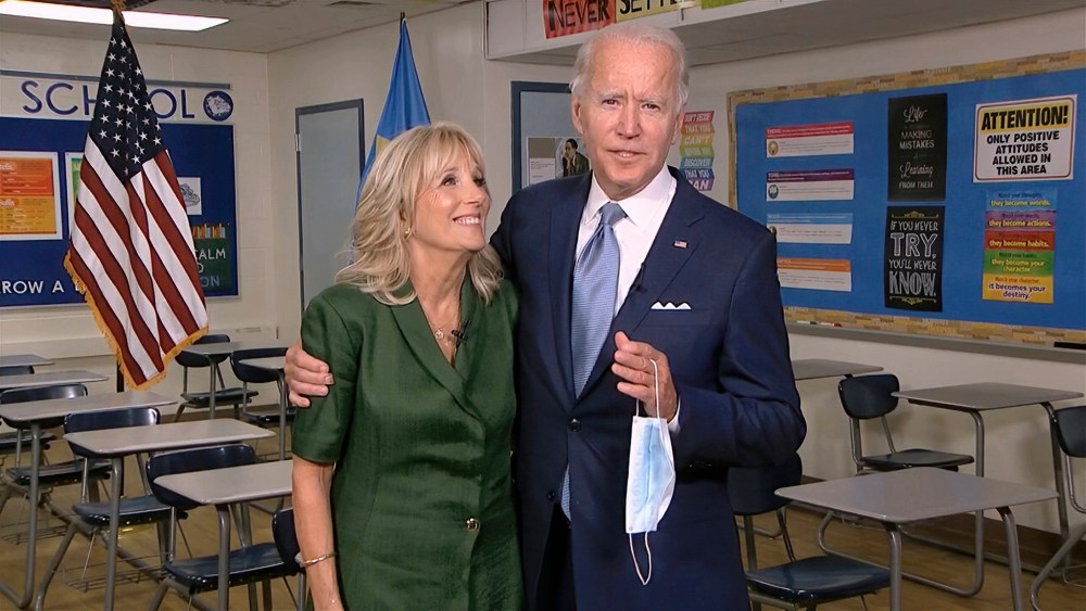 In this image from video, Jill Biden is joined by her husband, Democratic presidential candidate former Vice President Joe Biden, after speaking during the second night of the Democratic National Convention on Tuesday, Aug. 18, 2020.