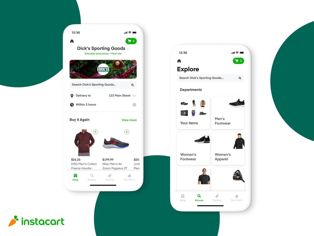 Dick’s Sporting Goods has partnered with Instacart to launch same-day delivery from more than 150 of its 732 stores.