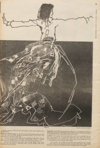 An illustration of Jackie O by Kenneth Paul Block for the March 28, 1969 issue of WWD.
