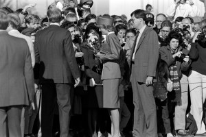Princess Diana of Wales (C) greets the public during an event at Andrews Air Force Base in Maryland on November 9, 1985.