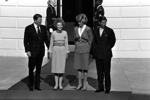 Citation not found; Ronald and Nancy Reagan greeting Princess Diana and Prince Charles upon their arrival on November 9, 1985 in Washinton, DC.