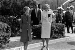 Nancy Reagan (L) and Princess Diana visit a drug rehabilitation center in Wales, England, on November 11, 1985.