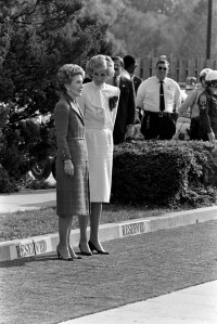 Nancy Reagan (L) and Princess Diana visit a drug rehabilitation center in Wales, England, on November 11, 1985.