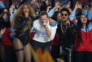 Beyonce, Chris Martin of Coldplay and Bruno Mars perform onstage during the Pepsi Super Bowl 50 Halftime Show at Levi's Stadium on February 7, 2016 in Santa Clara, CA, USA. Photo by Lionel Hahn/Sipa USA