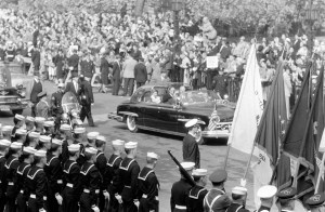 H.R.H Queen Elizabeth II, Prince Phillip, Duke of Edinburgh motorcade is greeted by the United States Armed Forces during a visit to Chicago, Illinois in 1959.