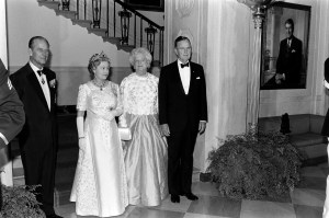 (L-R) Prince Philip, Duke of Edinburgh, Queen Elizabeth II of England, Barbara Bush, and George H.W. Bush attend an event at the White House in Washington, D.C., on May 14, 1991.