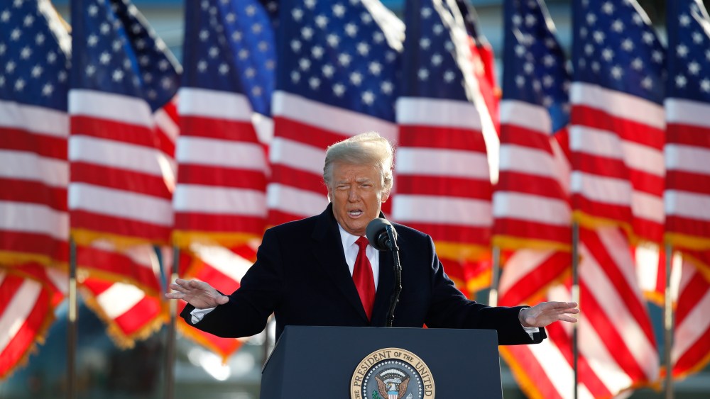 FILE - President Donald Trump speaks to crowd before boarding Air Force One at Andrews Air Force Base, Md., in this Wednesday, Jan. 20, 2021, file photo. Former President Donald Trump will find out this week whether he gets to return to Facebook. The social network’s quasi-independent Oversight Board says it will announce its decision Wednesday, May 5 on a case concerning the former president. Trump's account was suspended for inciting violence that led to the deadly Jan. 6 Capitol riots. (AP Photo/Luis M. Alvarez, File)