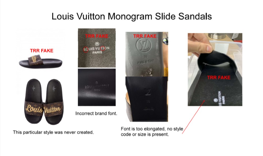 A pair of fake Louis Vuitton slides sold to a shopper, despite glaring inconsistencies with the fashion house's branding.