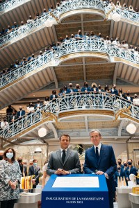Emmanuel Macron and Bernard Arnault at the re-opening of the Samaritaine Paris Pont-Neuf department store in Paris.