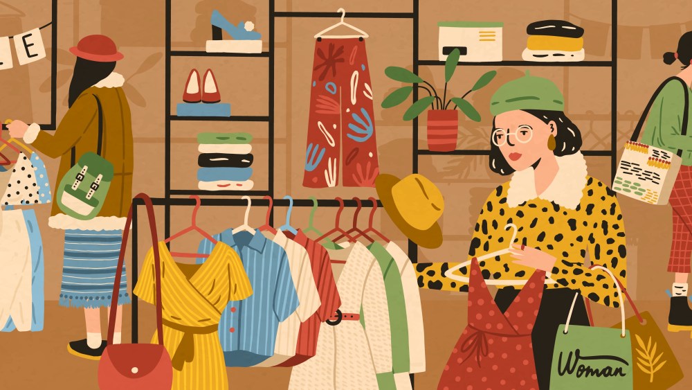 Women choosing and buying stylish clothes at clothing store or apparel boutique. Female customers purchasing trendy garments at shop. Fast fashion and mass market. Flat cartoon vector illustration