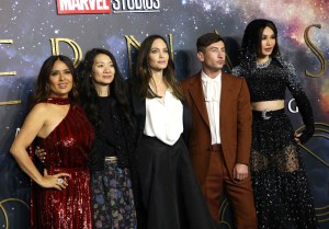 Salma Hayek, from left, director Chloe Zhao, Angelina Jolie, Barry Keoghan and Gemma Chan pose for photographers upon arrival at the premiere of the film 'Eternals' on Wednesday, Oct. 27, 2021 in London. (Photo by Vianney Le Caer/Invision/AP)