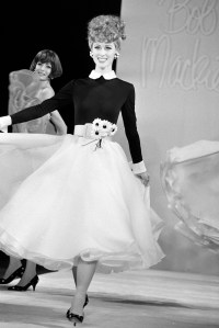 A model wears an ensemble inspired by actress Lucille Ball. Designer Bob Mackie's spring 1992 ready to wear collection was a tribute to eight iconic women of the twentieth century.