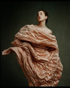 Jean Paul Gaultier haute couture by Glenn Martens’ duchesse satin dress with mother-of-pearl embroidery and metal thread and duchesse satin skirt.