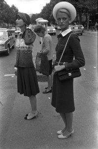 Models pose in looks from Chanel's Fall 1973 haute couture collection. The collection was the debut of newly hired artistic director Ramon Esparza.
