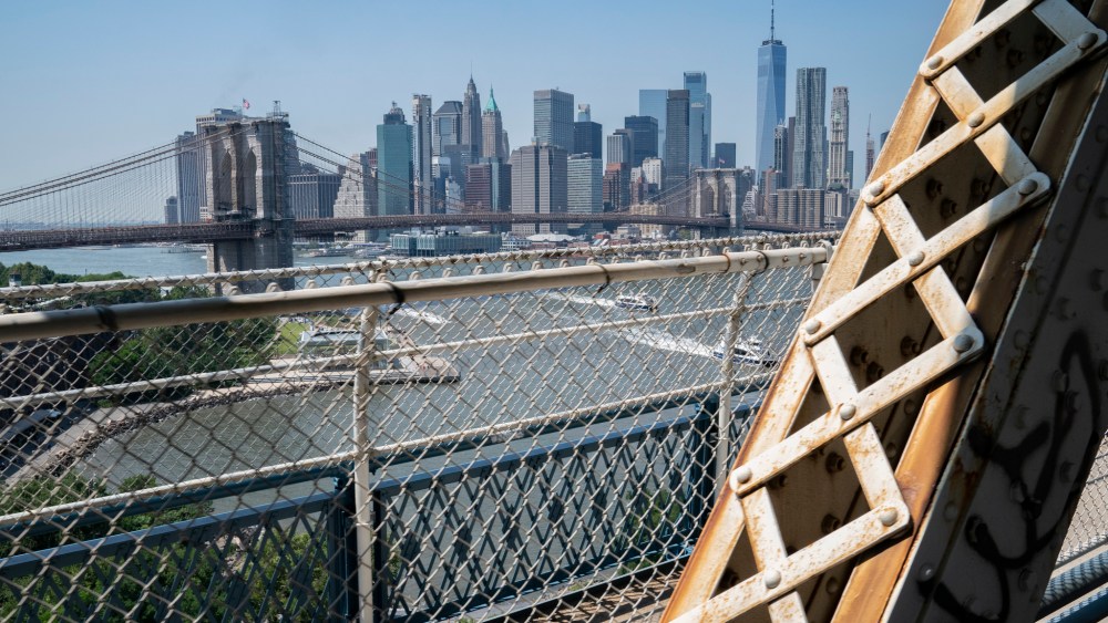 The downtown Manhattan skyline is seen from the N subway line.